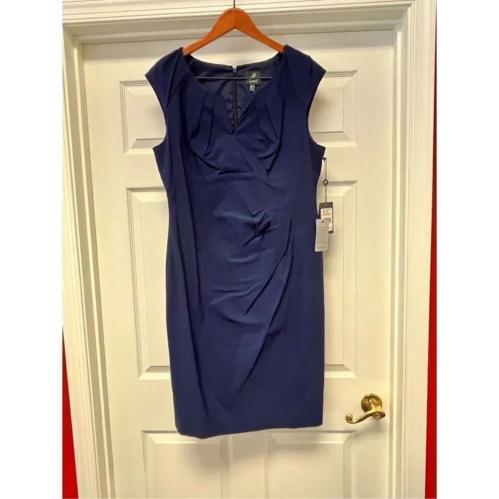 Adrianna Papell Navy Side Ruched V Notch Neck Sleeveless Dress sz 16 NWT